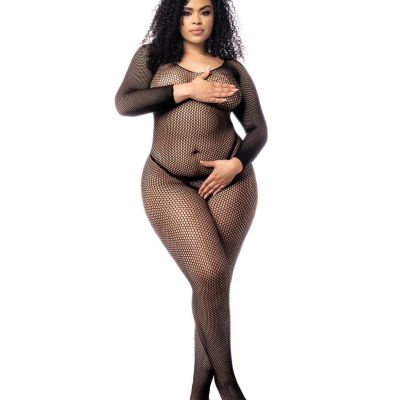 Mapale Lingerie Queen Long Sleeved All Over Fishnet Body Stocking Black